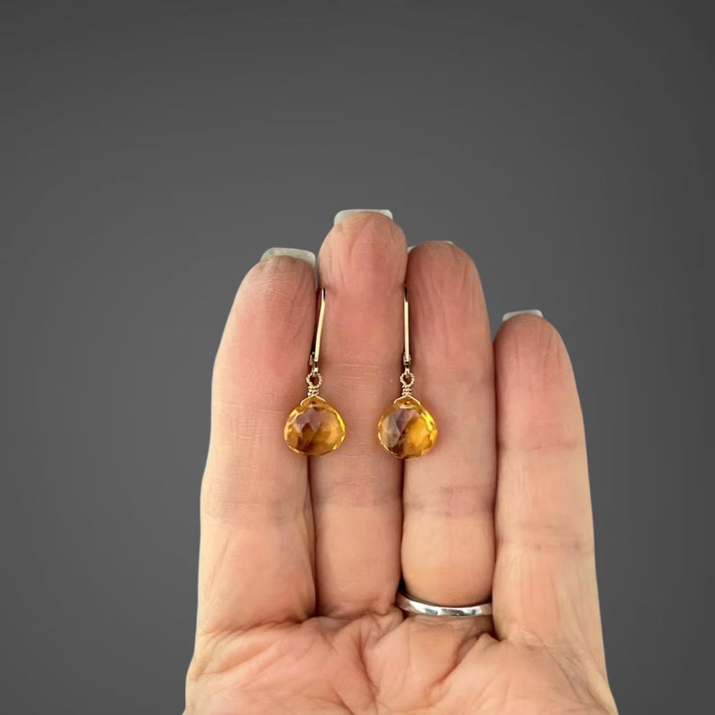 Yellow Citrine Quartz Teardrop Earrings on Gold Leverbacks