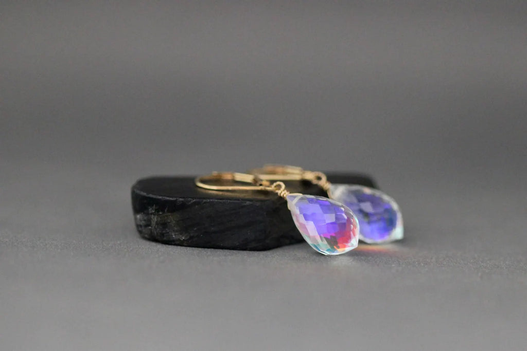 Fire Rainbow Moonstone Quartz Earrings on 14k Gold Filled Leverbacks