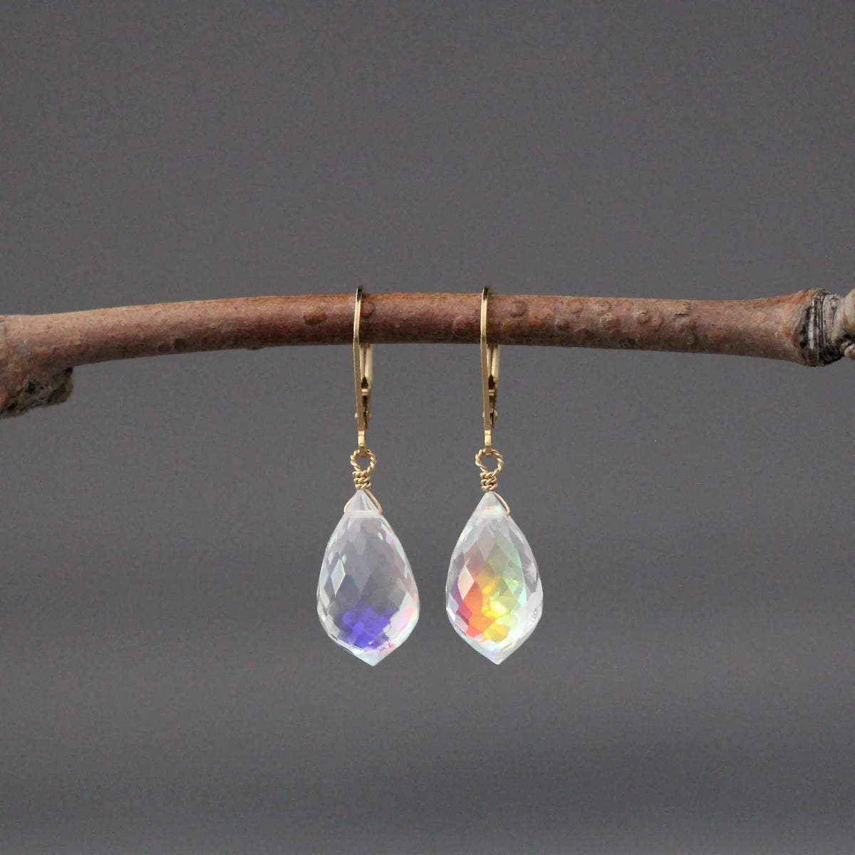 Fire Rainbow Moonstone Quartz Earrings on 14k Gold Filled Leverbacks