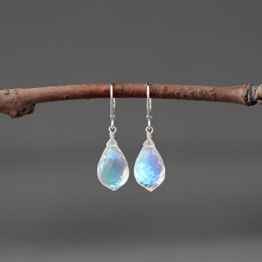 Fire Rainbow Moonstone Quartz and Sterling Silver Earrings