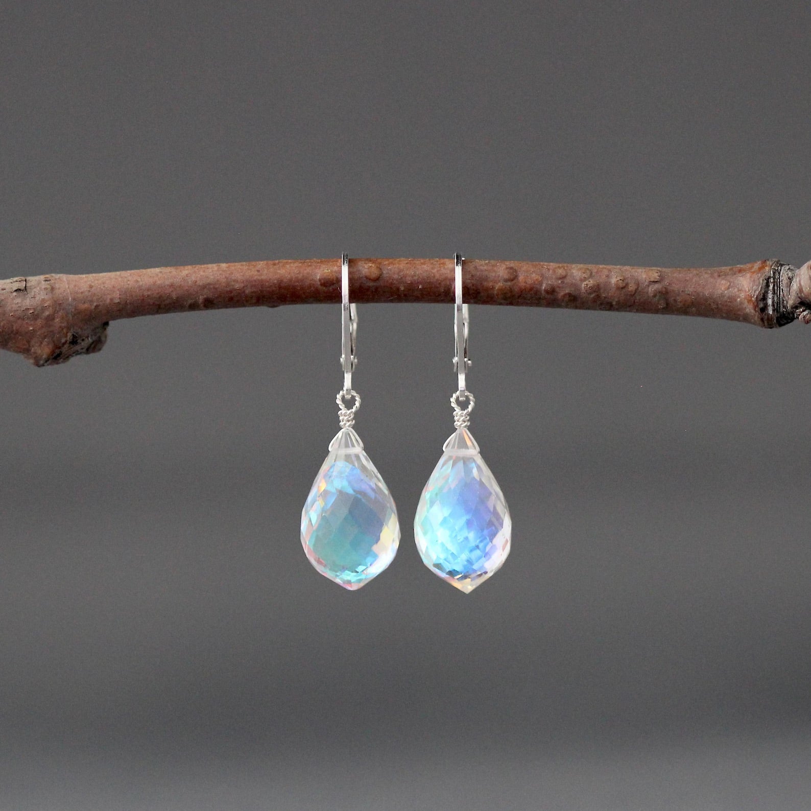 Fire Rainbow Moonstone Quartz and Sterling Silver Earrings