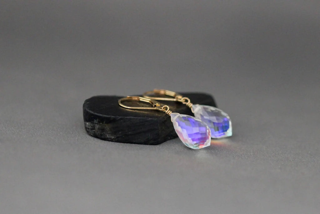 Fire Rainbow Moonstone Quartz Earrings on 14k Gold Filled Leverbacks