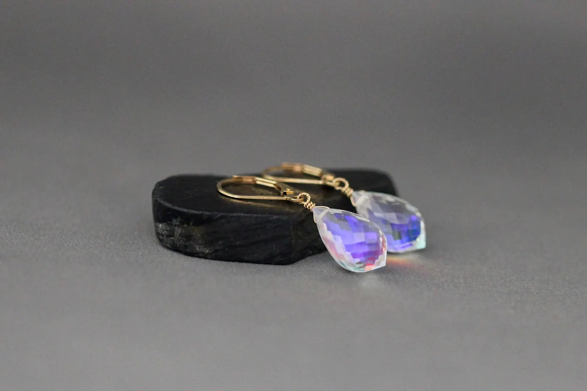 Fire Rainbow Moonstone Quartz Earrings on 14k Gold Filled Leverbacks