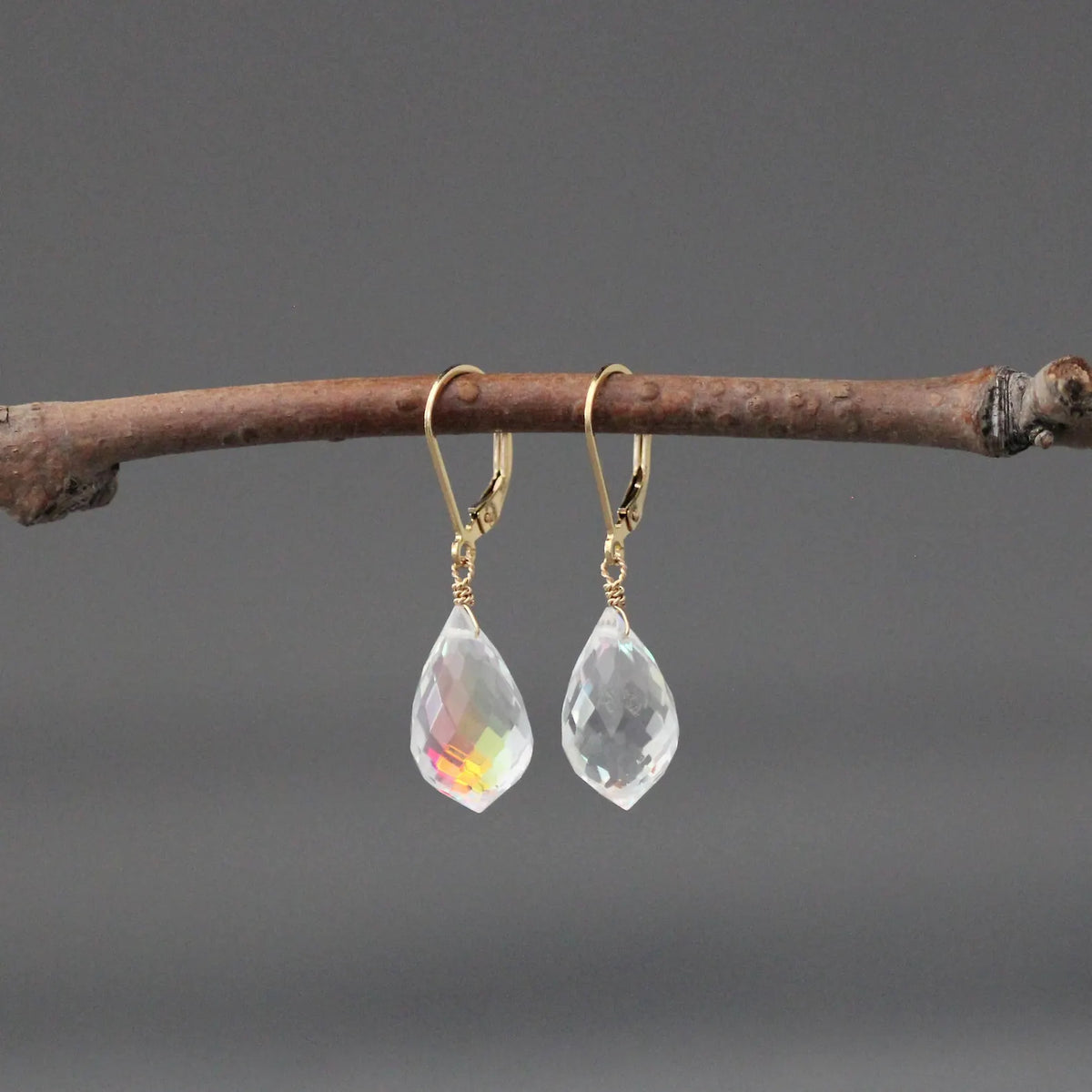 Fire Rainbow Moonstone Quartz Earrings on 14k Gold Filled Leverbacks