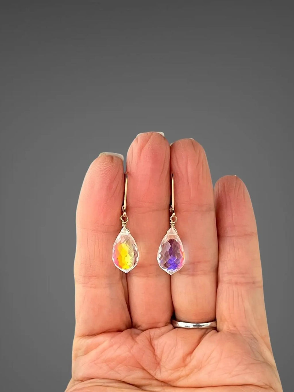 Fire Rainbow Moonstone Quartz Earrings on 14k Gold Filled Leverbacks