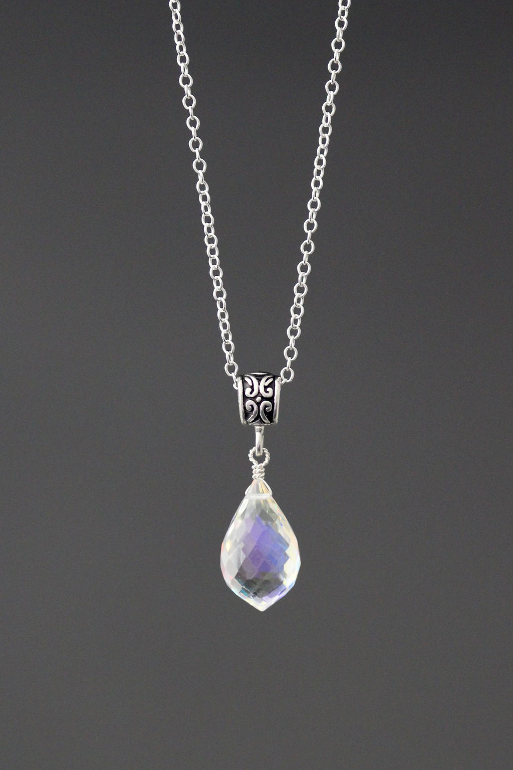 Fire Rainbow Moonstone Quartz and Bali Silver Necklace