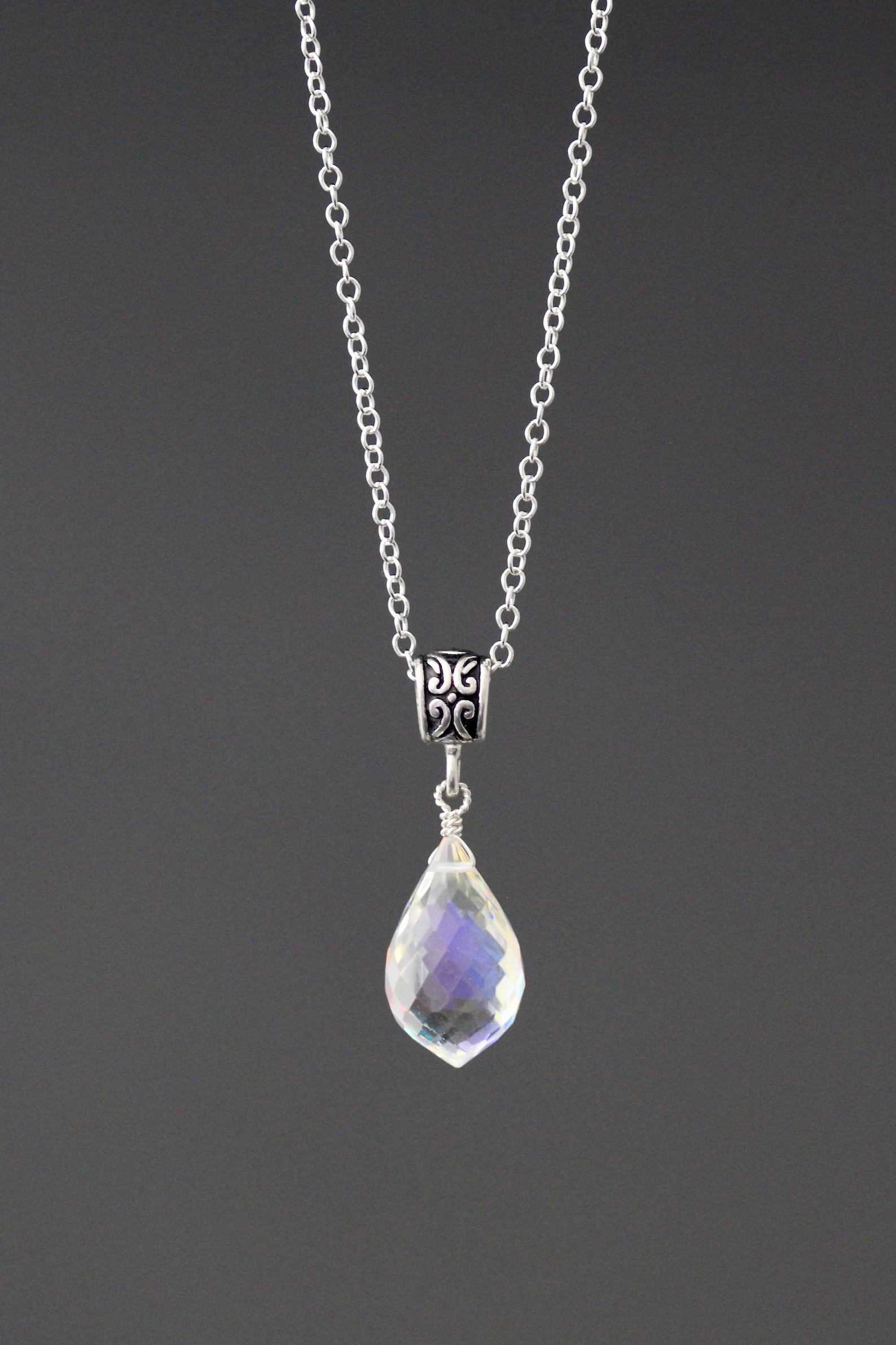 Fire Rainbow Moonstone Quartz and Bali Silver Necklace
