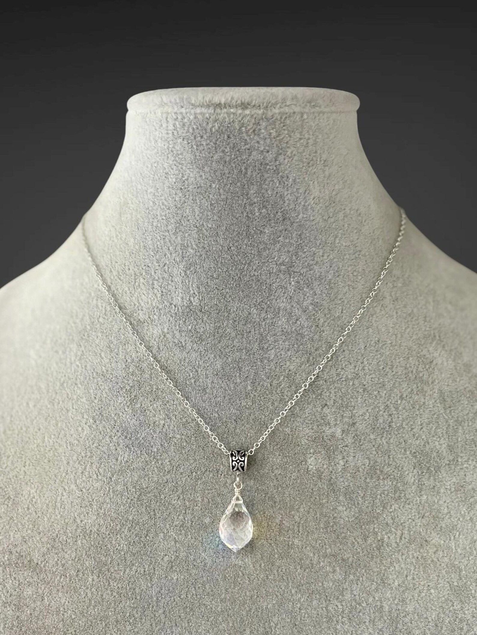 Fire Rainbow Moonstone Quartz and Bali Silver Necklace