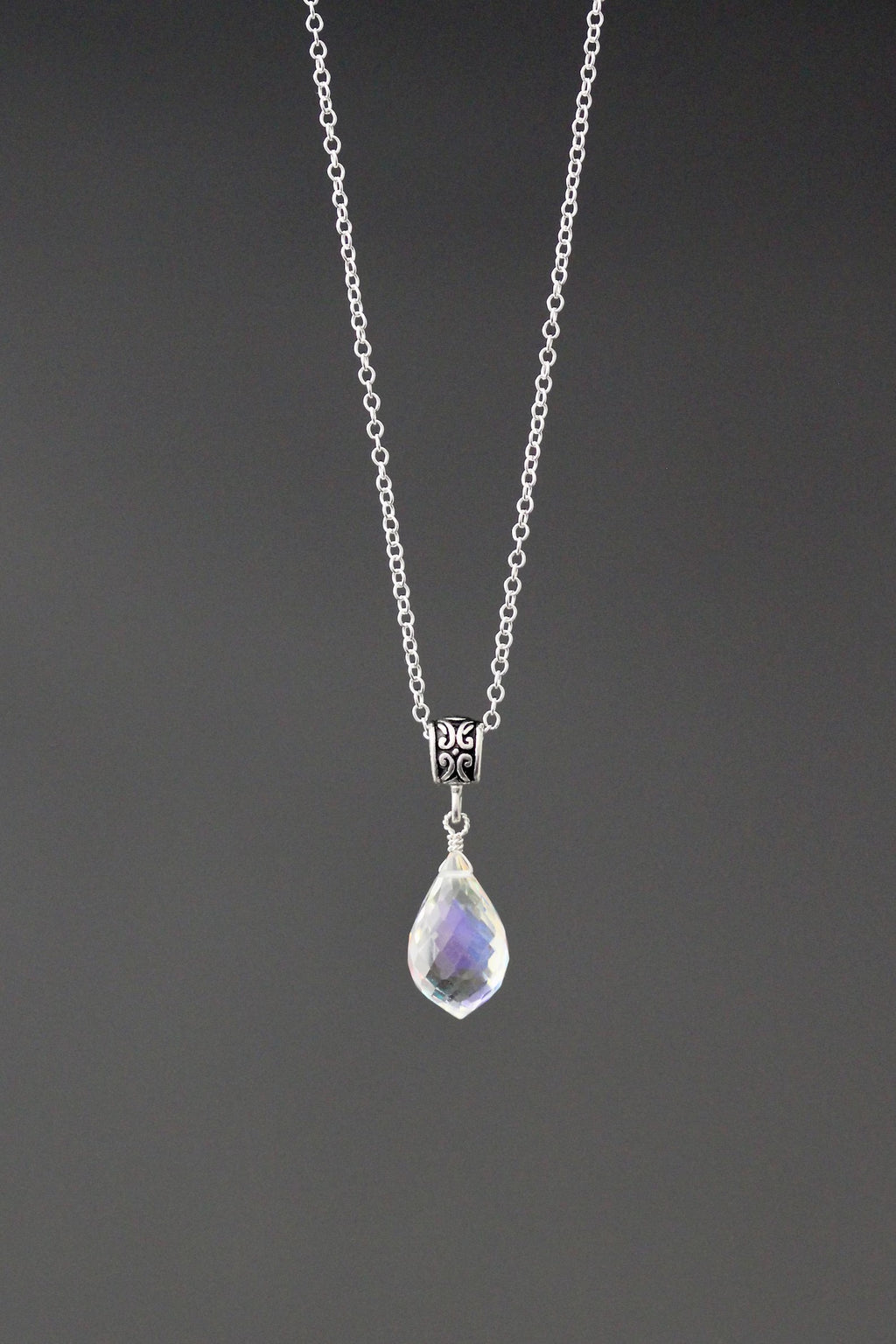 Fire Rainbow Moonstone Quartz and Bali Silver Necklace