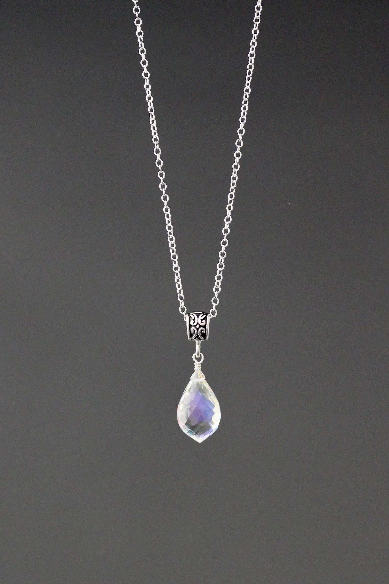 Fire Rainbow Moonstone Quartz and Bali Silver Necklace