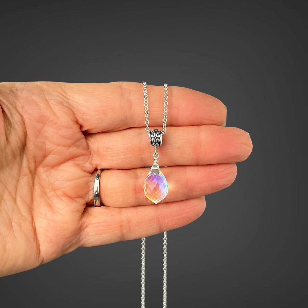 Fire Rainbow Moonstone Quartz and Bali Silver Necklace