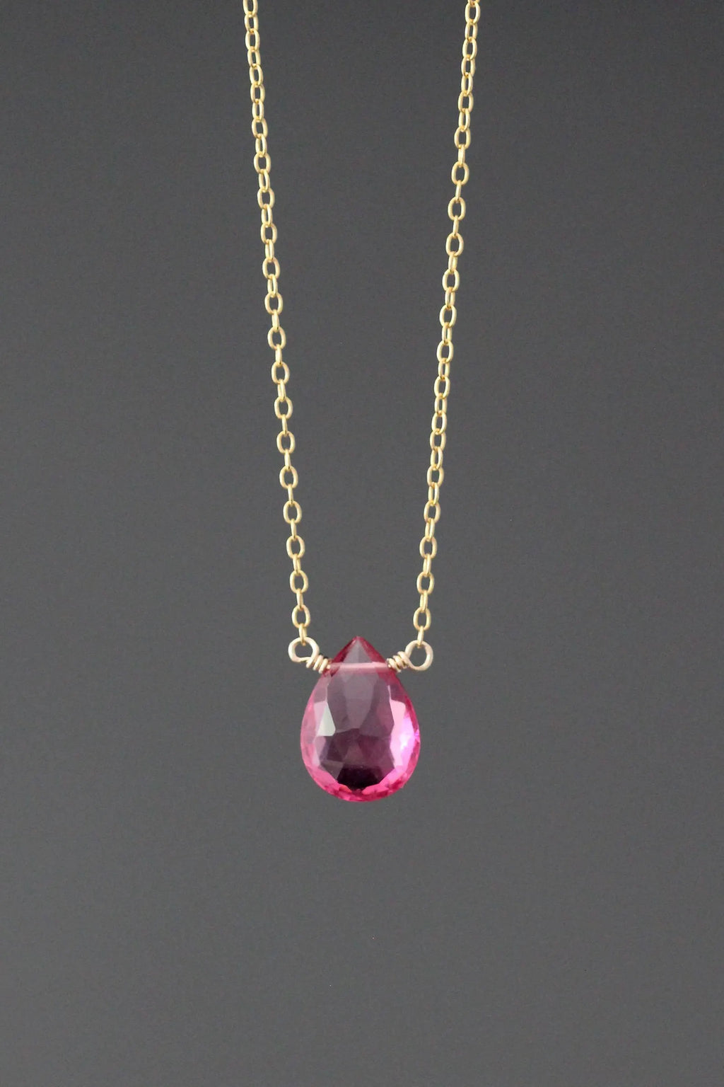 Fuchsia Quartz Teardrop Pendant Necklace on 14k Gold Filled Chain