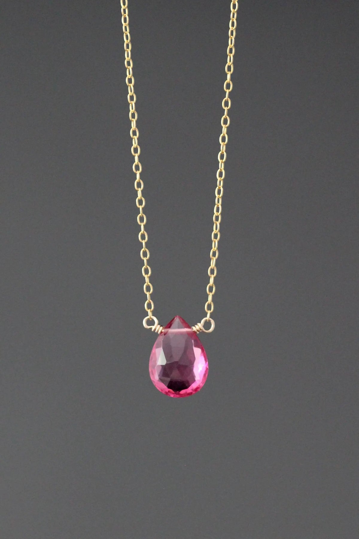 Fuchsia Quartz Teardrop Pendant Necklace on 14k Gold Filled Chain