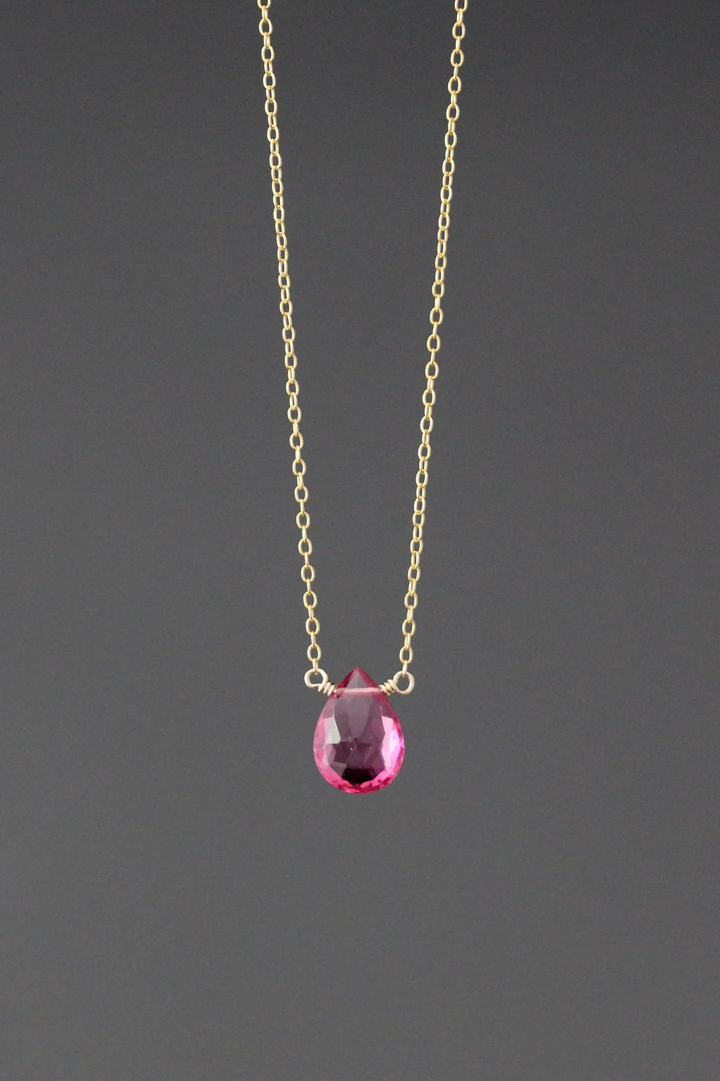 Fuchsia Quartz Teardrop Pendant Necklace on 14k Gold Filled Chain