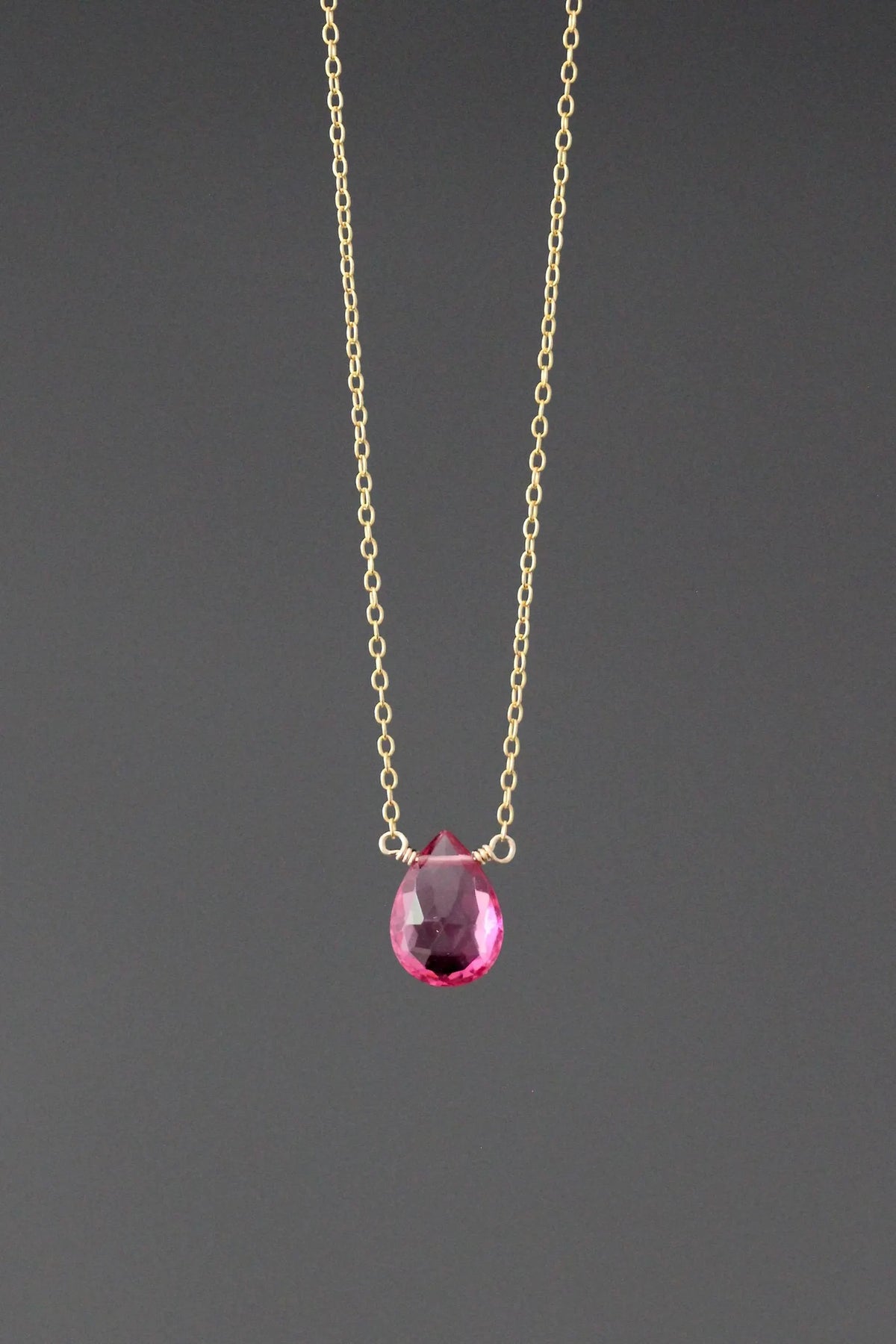Fuchsia Quartz Teardrop Pendant Necklace on 14k Gold Filled Chain