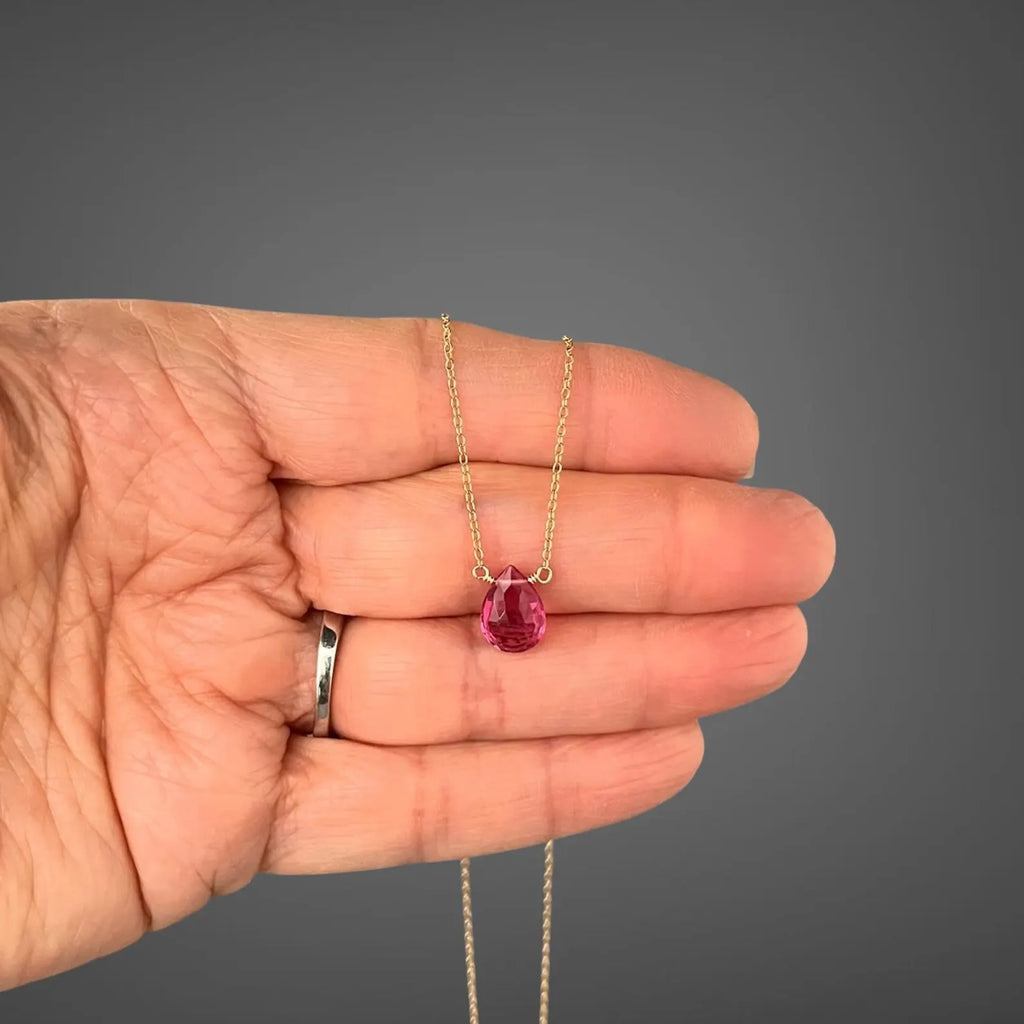 Fuchsia Quartz Teardrop Pendant Necklace on 14k Gold Filled Chain
