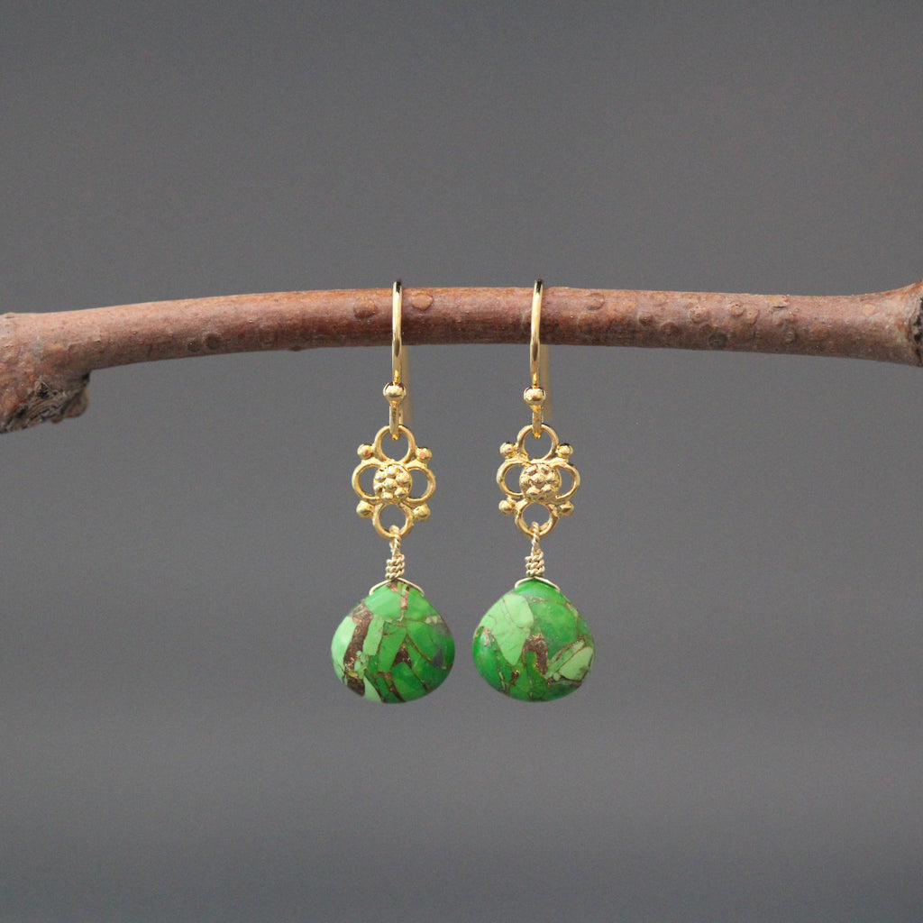 Green Copper Turquoise Teardrop Earrings on Gold Vermeil Links