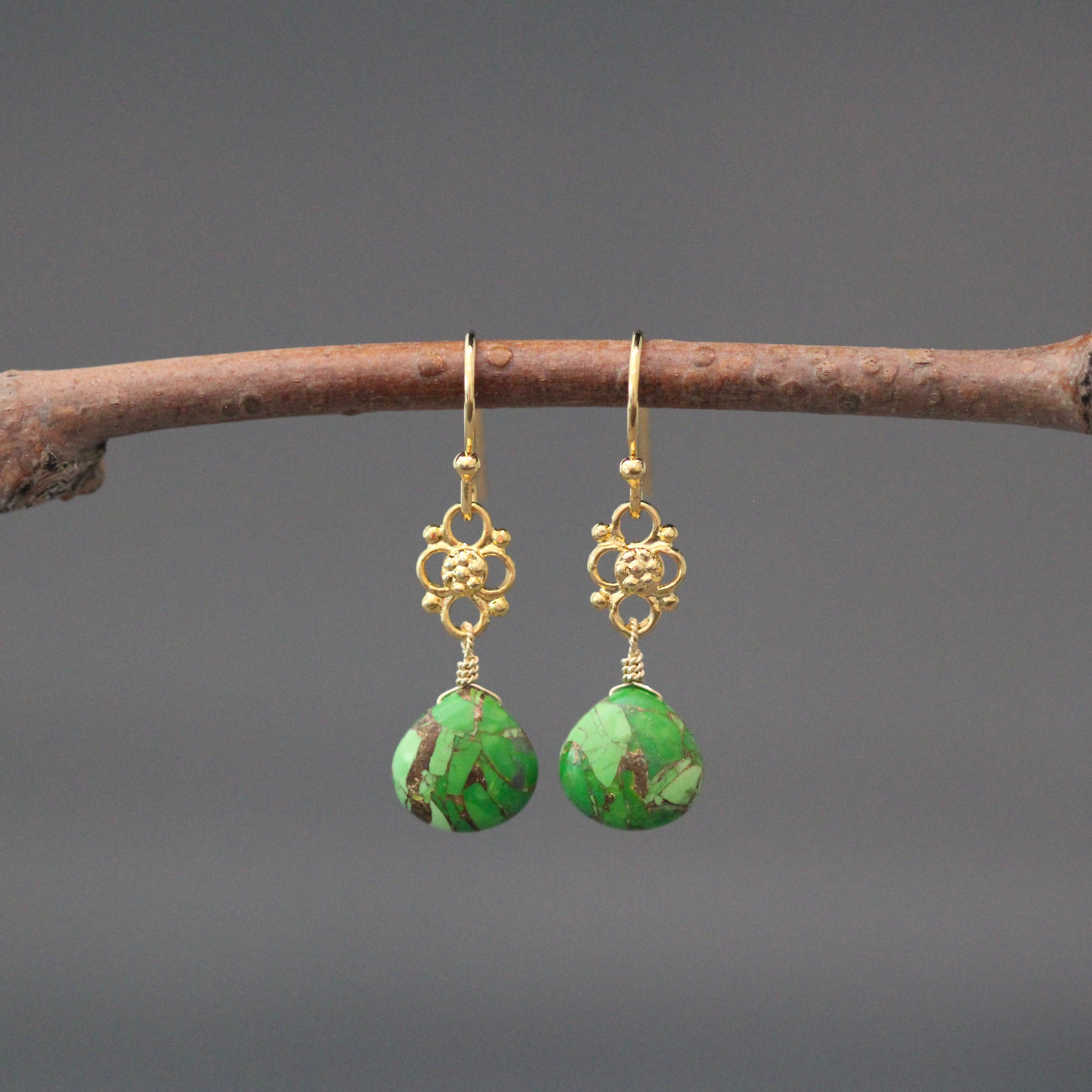 Green Copper Turquoise Teardrop Earrings on Gold Vermeil Links