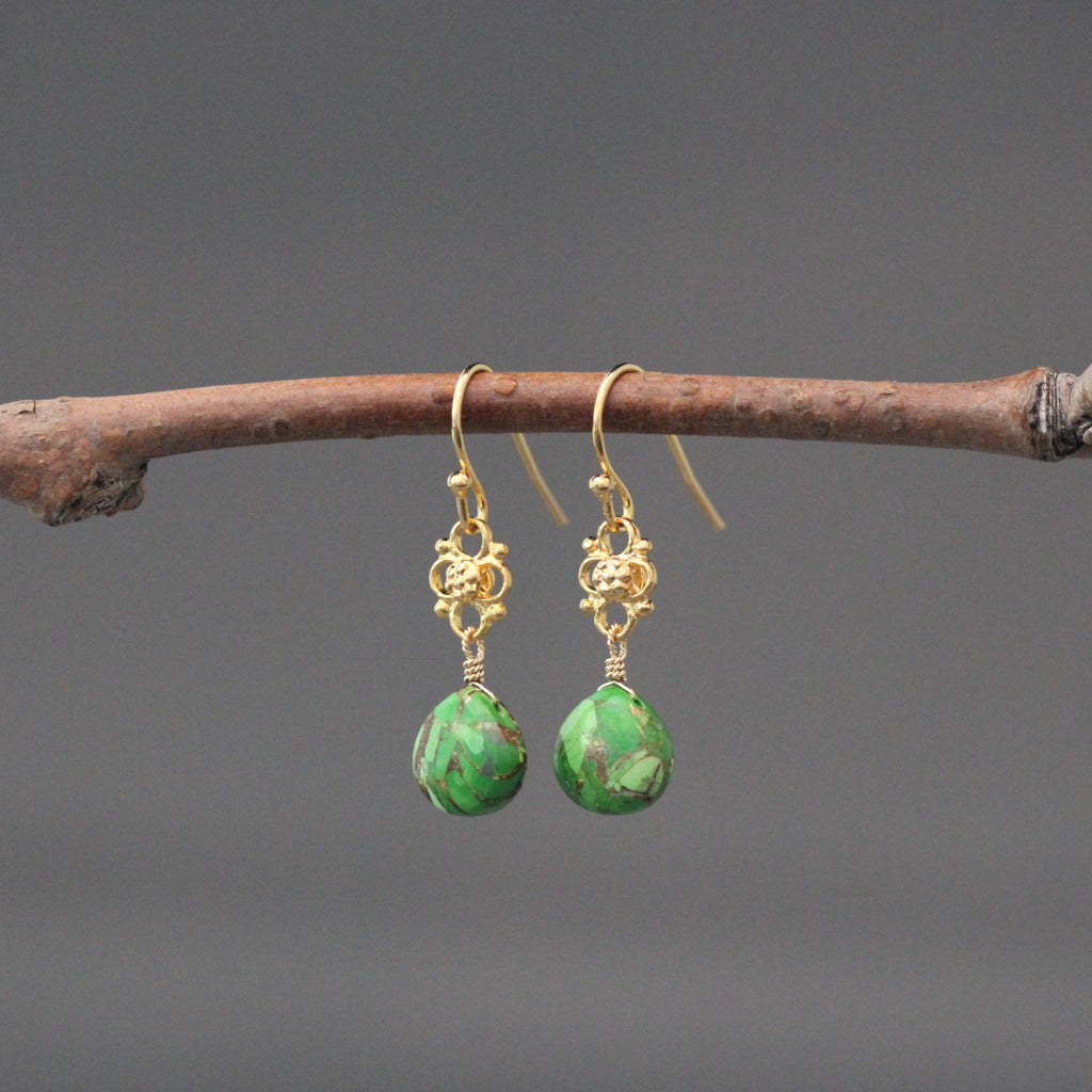 Green Copper Turquoise Teardrop Earrings on Gold Vermeil Links