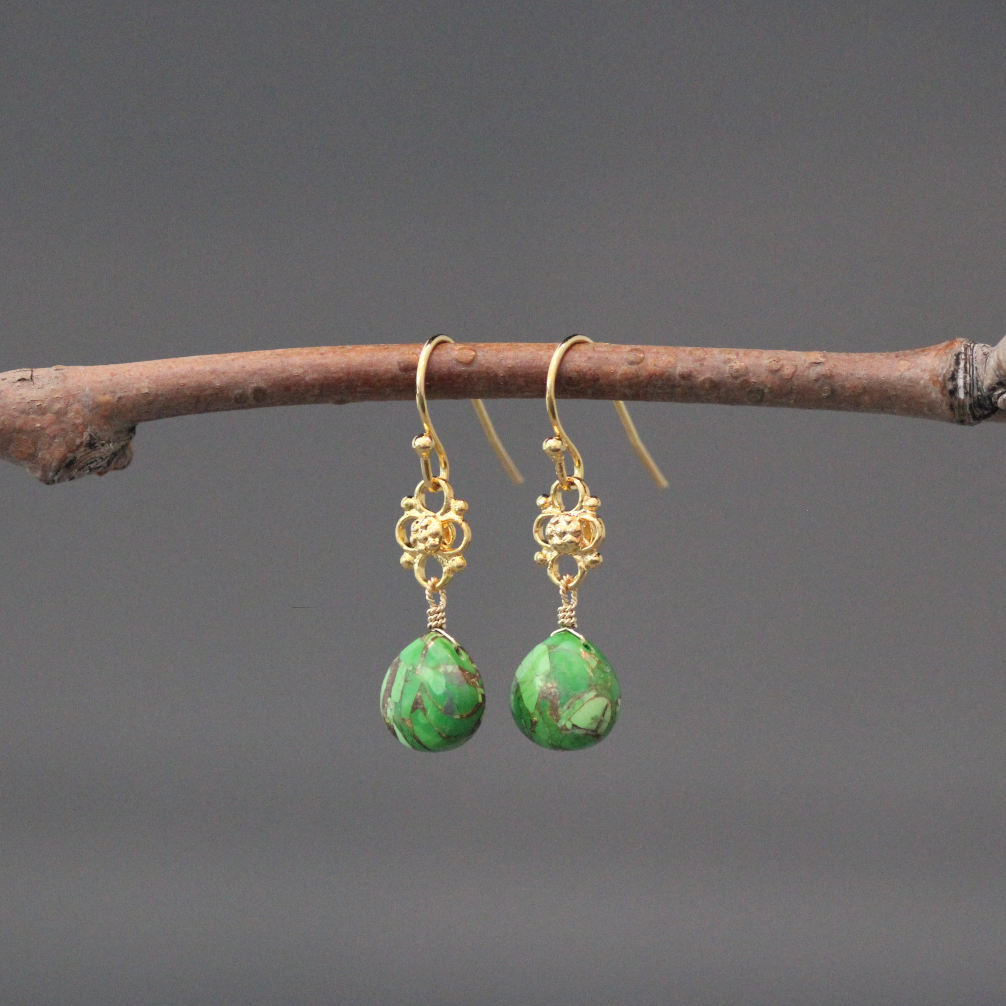 Green Copper Turquoise Teardrop Earrings on Gold Vermeil Links