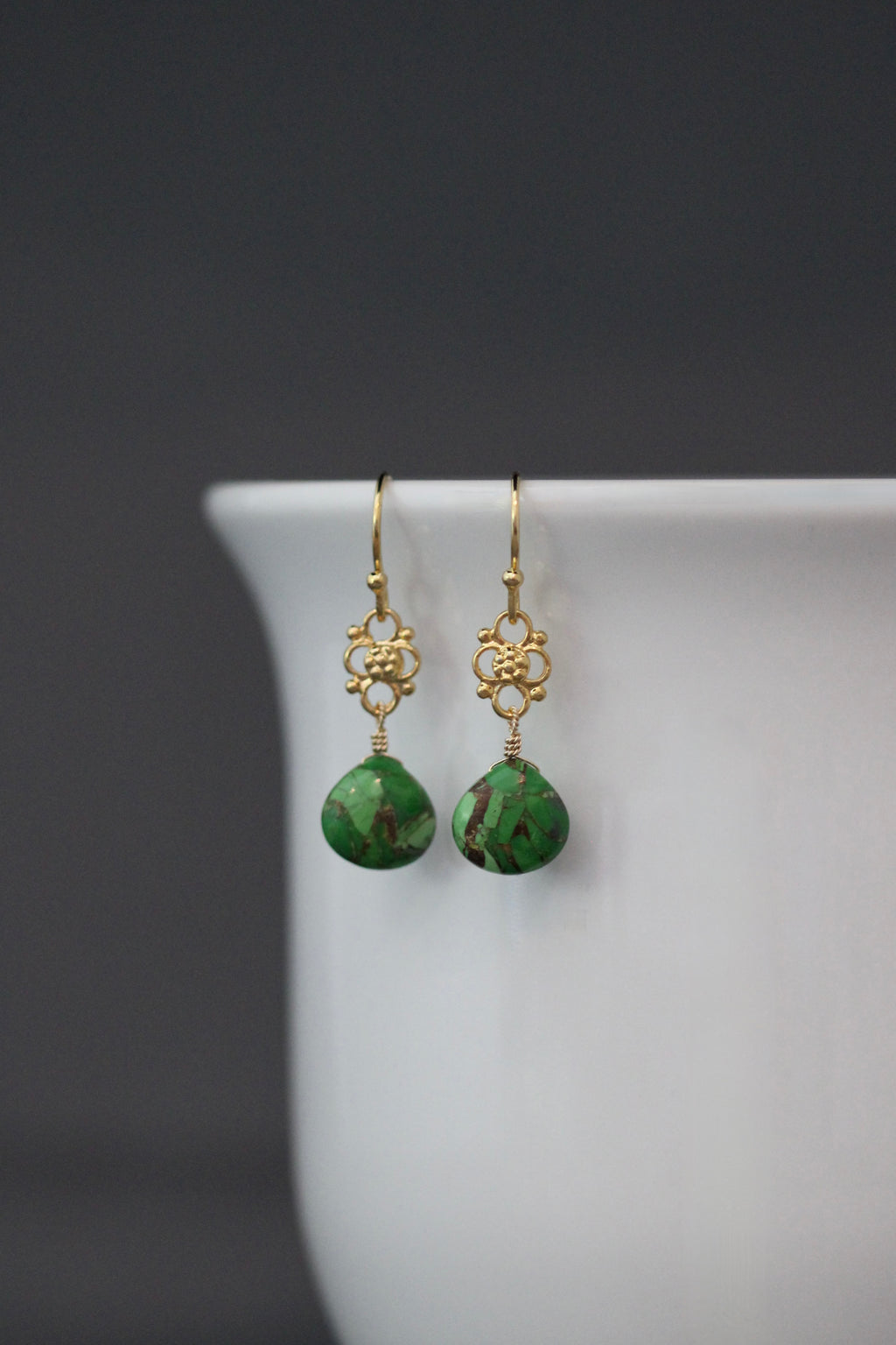 Green Copper Turquoise Teardrop Earrings on Gold Vermeil Links