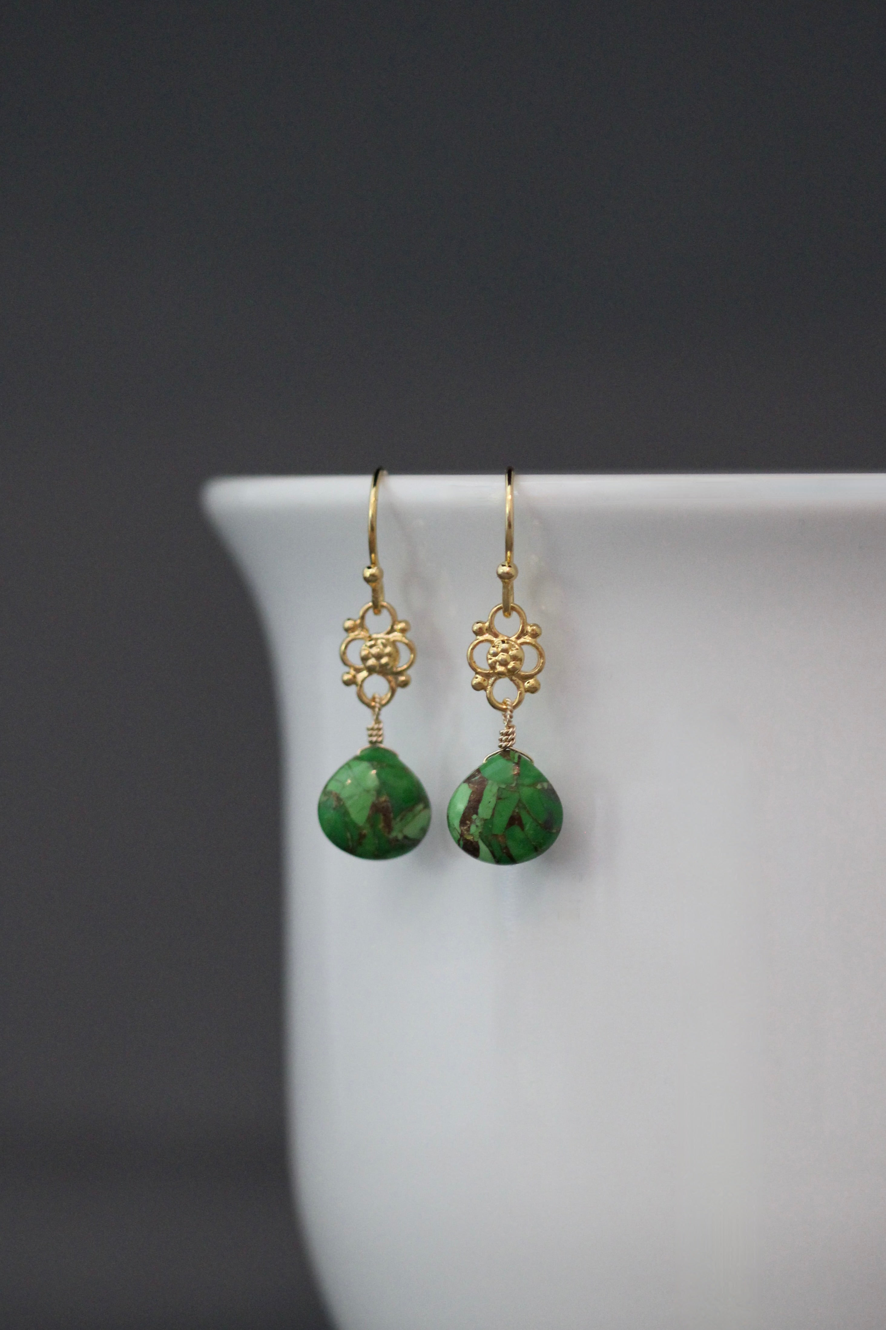 Green Copper Turquoise Teardrop Earrings on Gold Vermeil Links