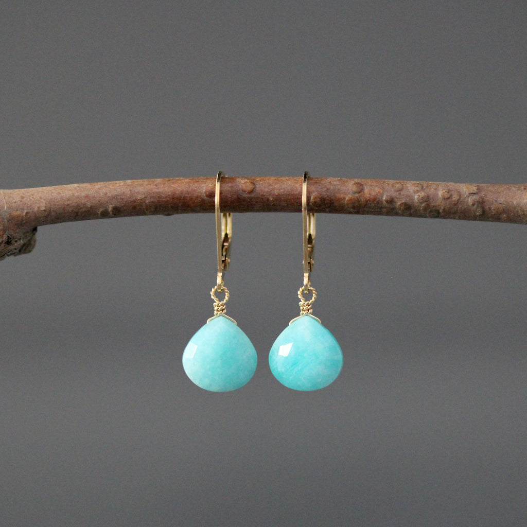 Turquoise Amazonite Teardrop Earrings with Gold Filled Leverback Earwires