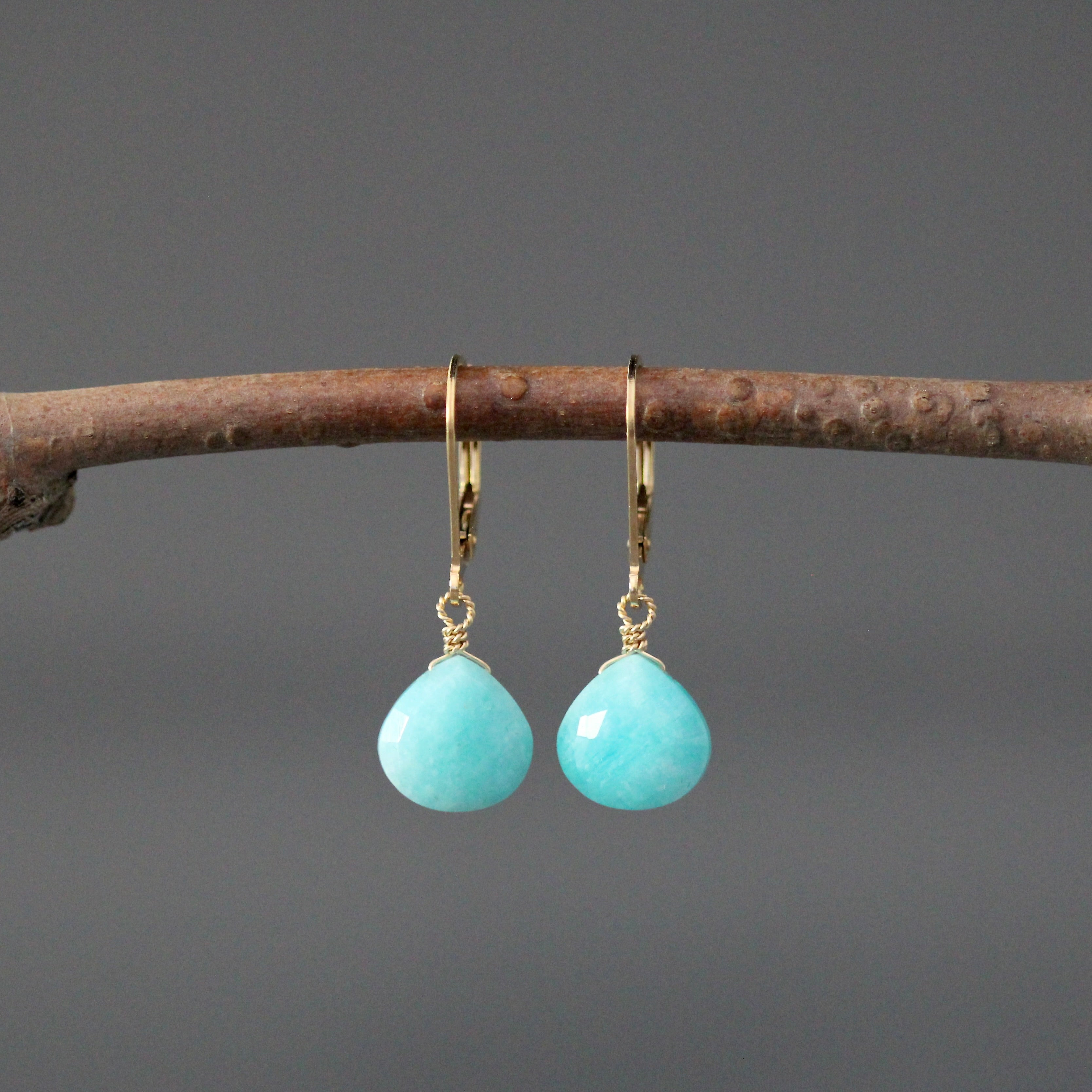 Turquoise Amazonite Teardrop Earrings with Gold Filled Leverback Earwires