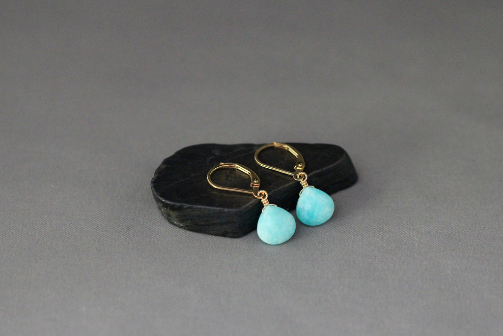 Turquoise Amazonite Teardrop Earrings with Gold Filled Leverback Earwires