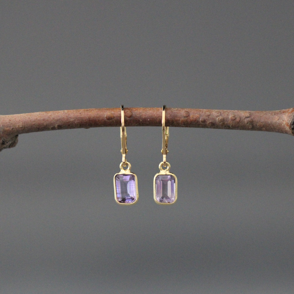 Gold vermeil dangle earrings with amethyst emerald-cut stones and leverback hooks