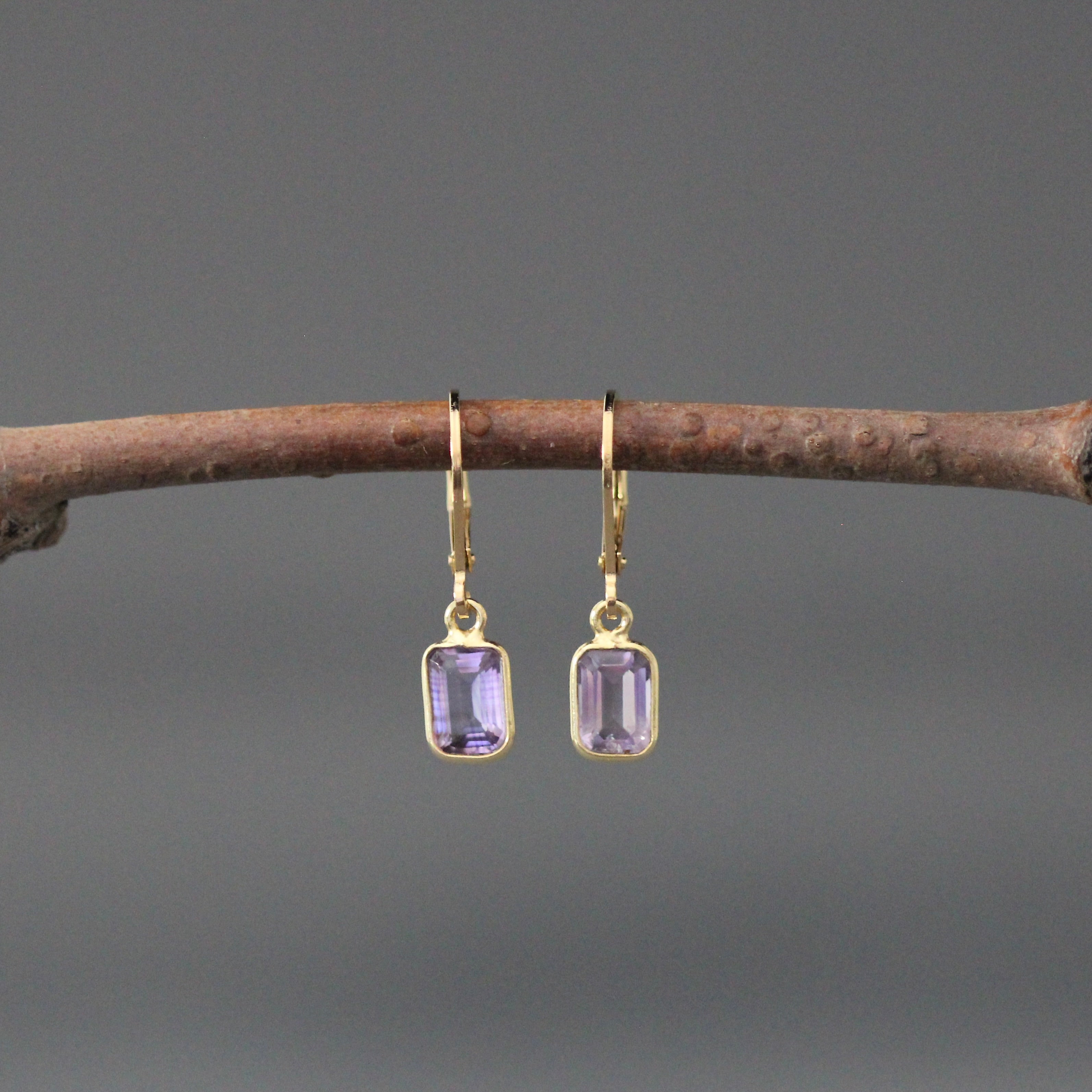 Gold vermeil dangle earrings with amethyst emerald-cut stones and leverback hooks