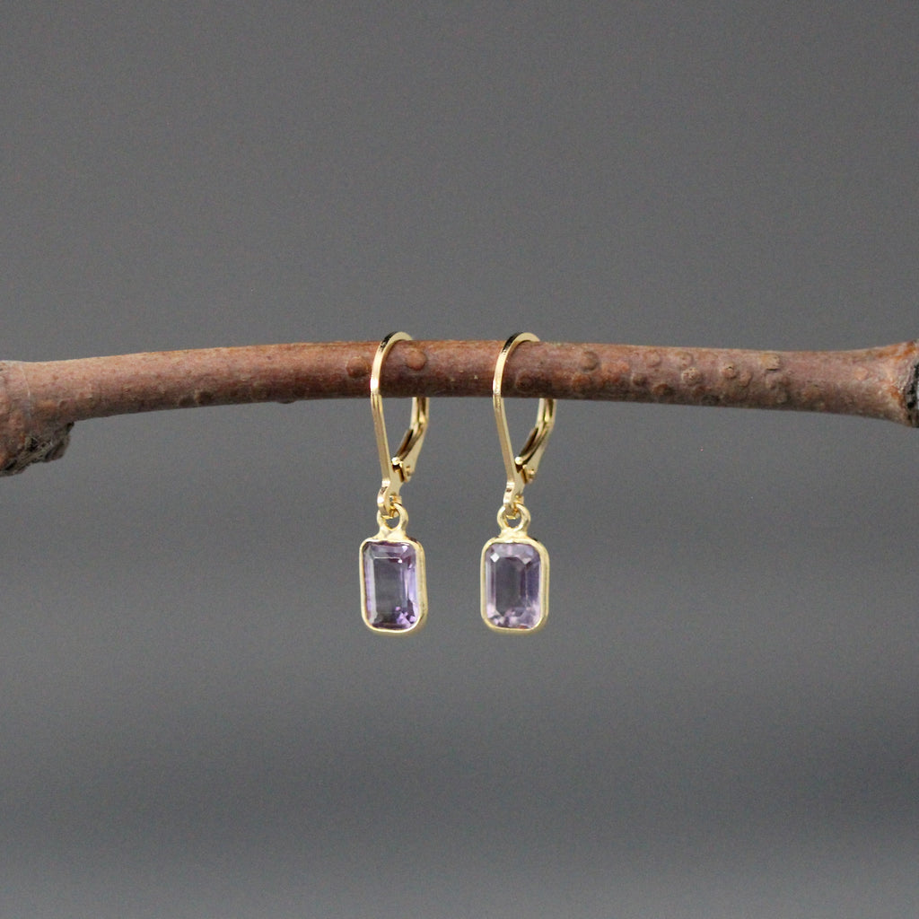 Gold vermeil leverback dangle earrings with amethyst emerald-cut drop stones