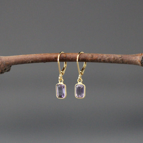 Gold vermeil leverback dangle earrings with amethyst emerald-cut drop stones