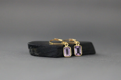 Gold vermeil side-view dangle earrings with amethyst emerald-cut stones on hooks