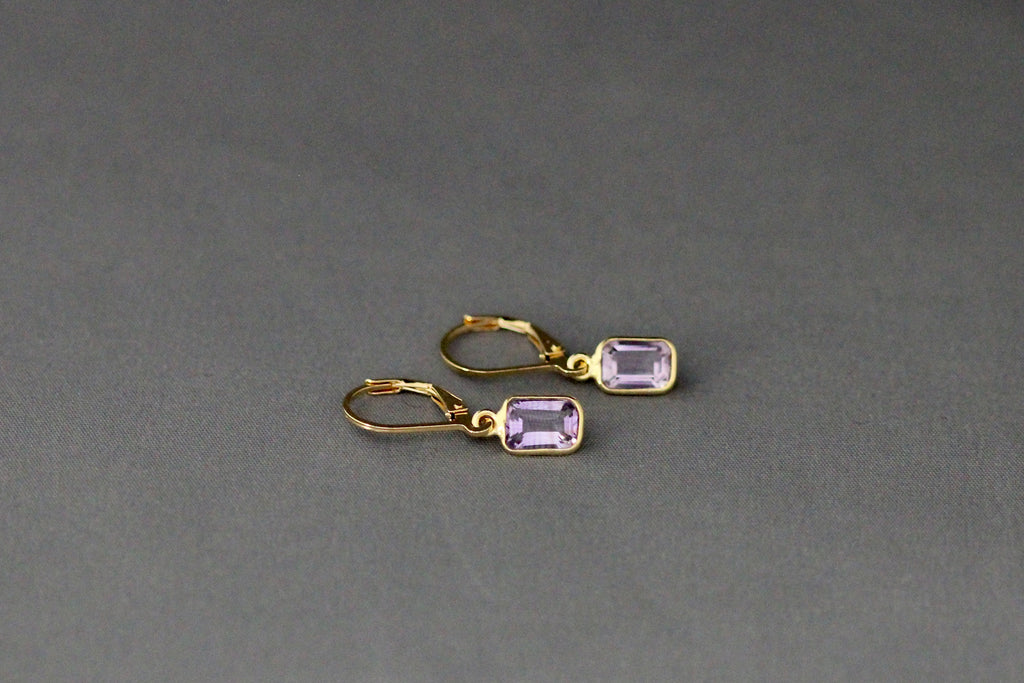 Gold vermeil dangle earrings with amethyst emerald-cut stones and leverback earwires