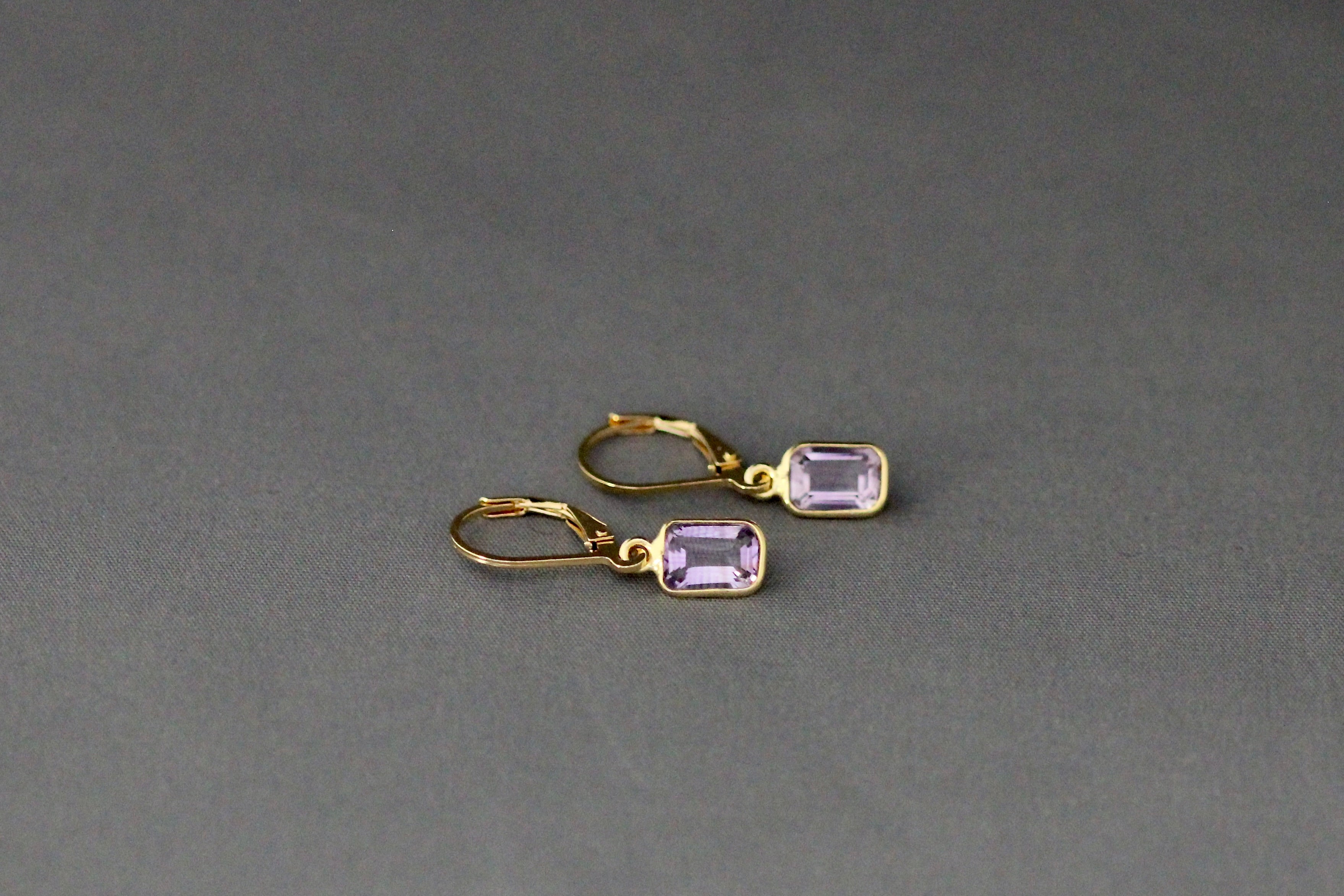 Gold vermeil dangle earrings with amethyst emerald-cut stones and leverback earwires