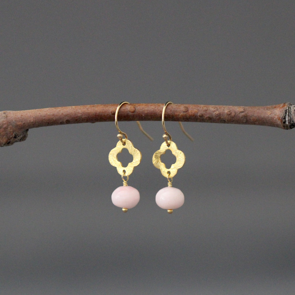 Gold drop earrings with clover station charm and pink opal round bead dangles