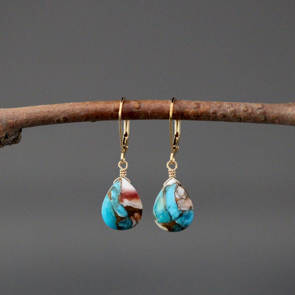 Spiny Oyster Kingman Copper Turquoise Earrings on Gold Filled Leverbacks