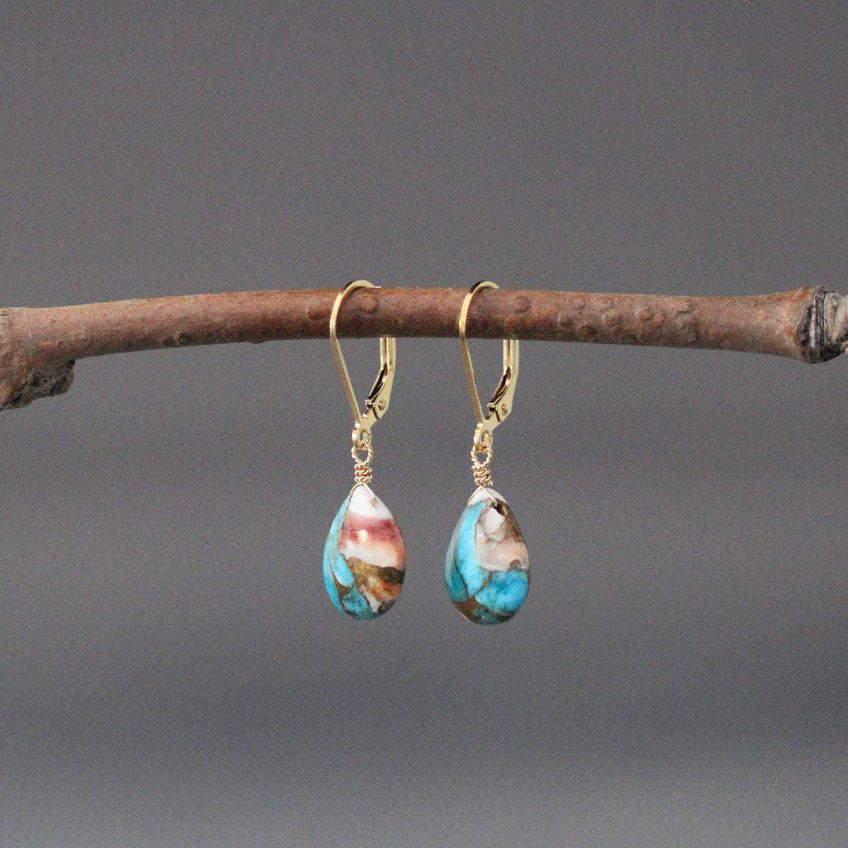 Spiny Oyster Kingman Copper Turquoise Earrings on Gold Filled Leverbacks