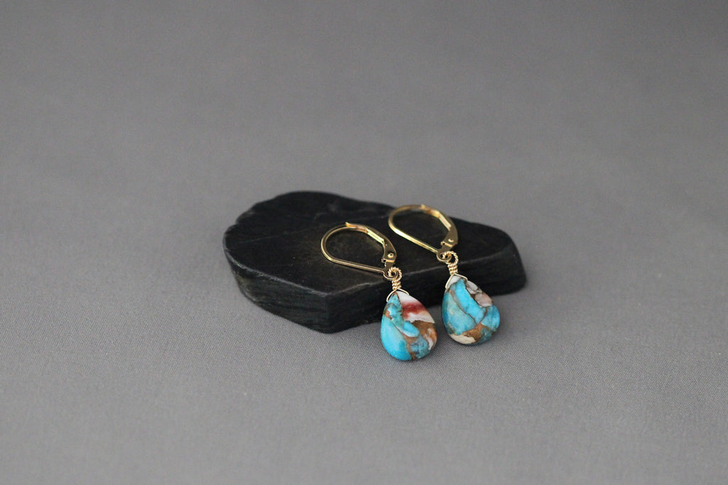 Spiny Oyster Kingman Copper Turquoise Earrings on Gold Filled Leverbacks