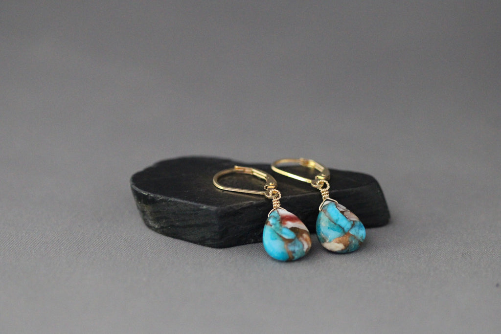 Spiny Oyster Kingman Copper Turquoise Earrings on Gold Filled Leverbacks
