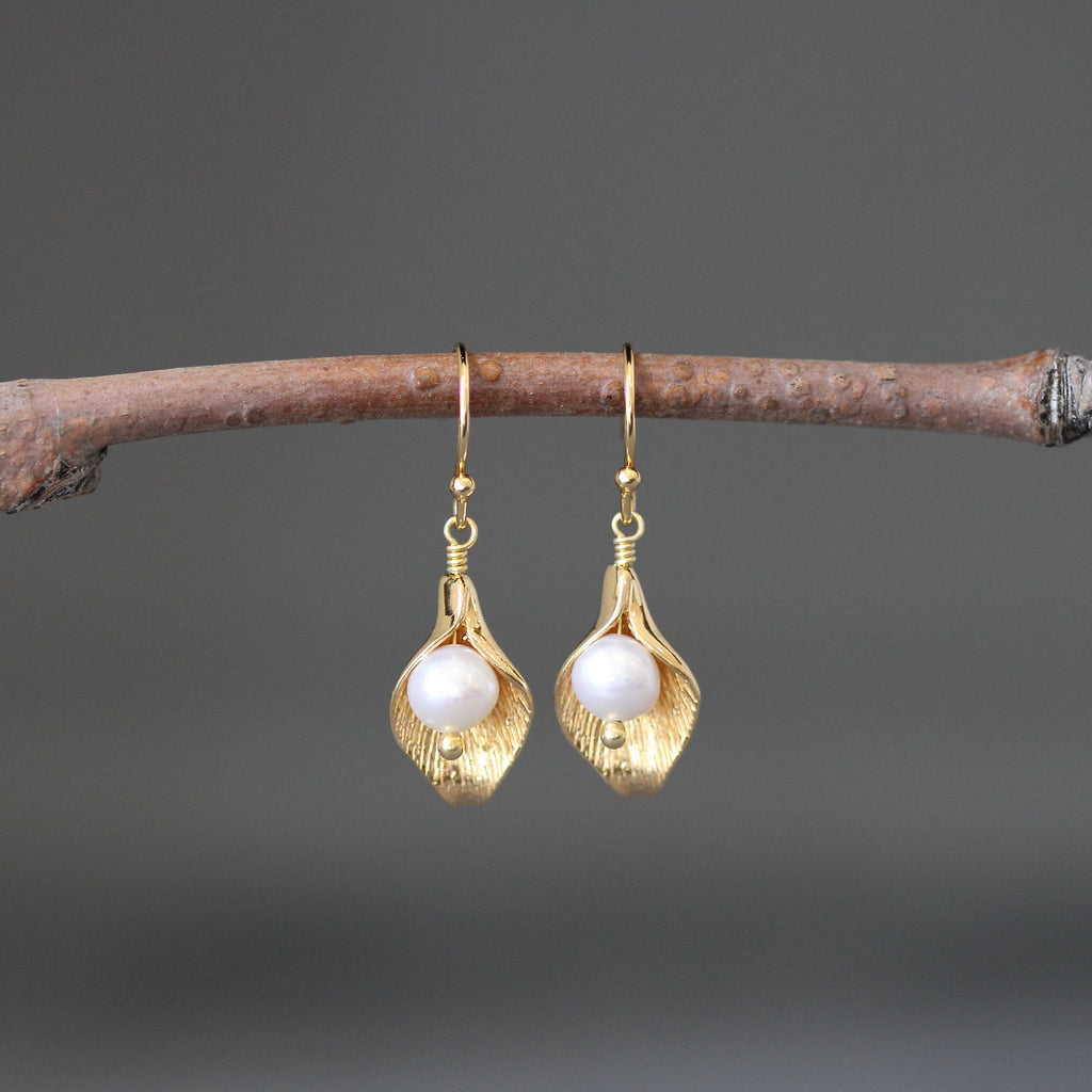White Freshwater Pearl and Gold Calla Lily Earrings