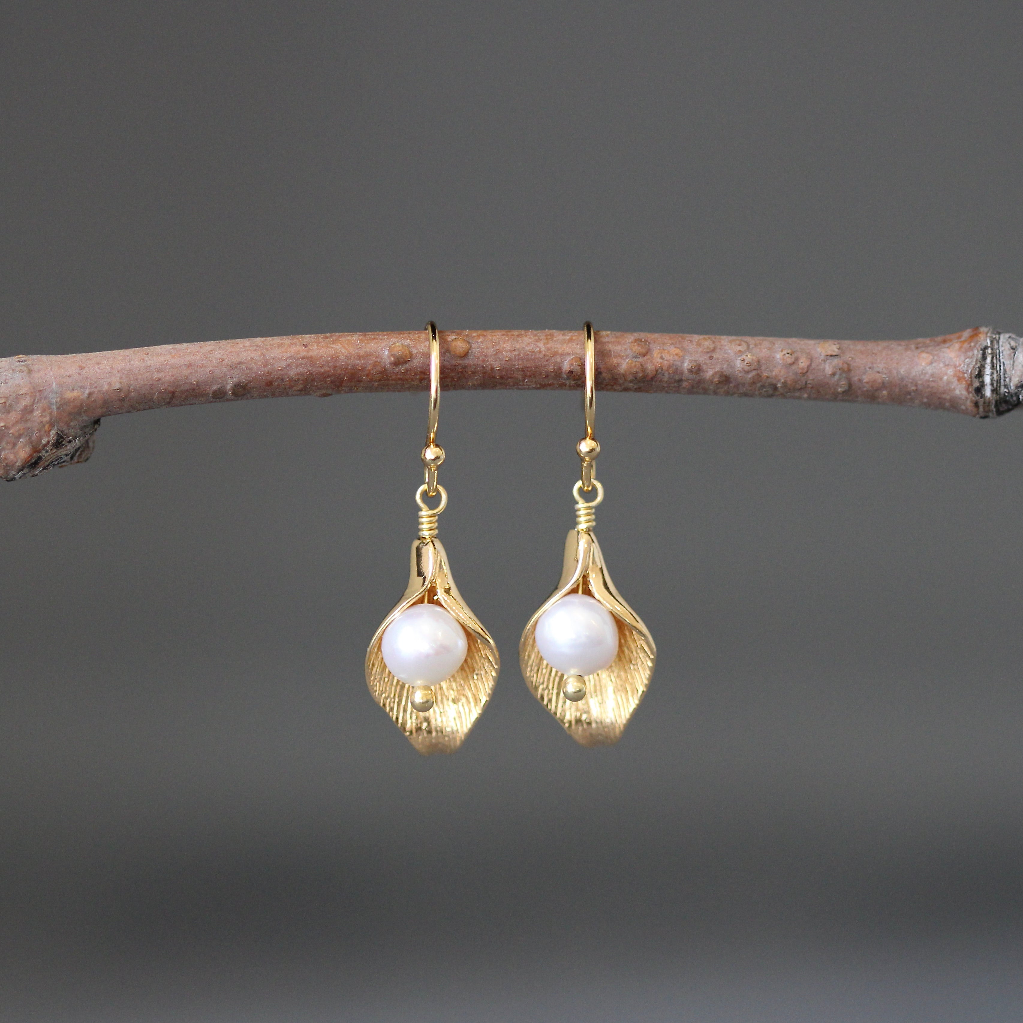 White Freshwater Pearl and Gold Calla Lily Earrings