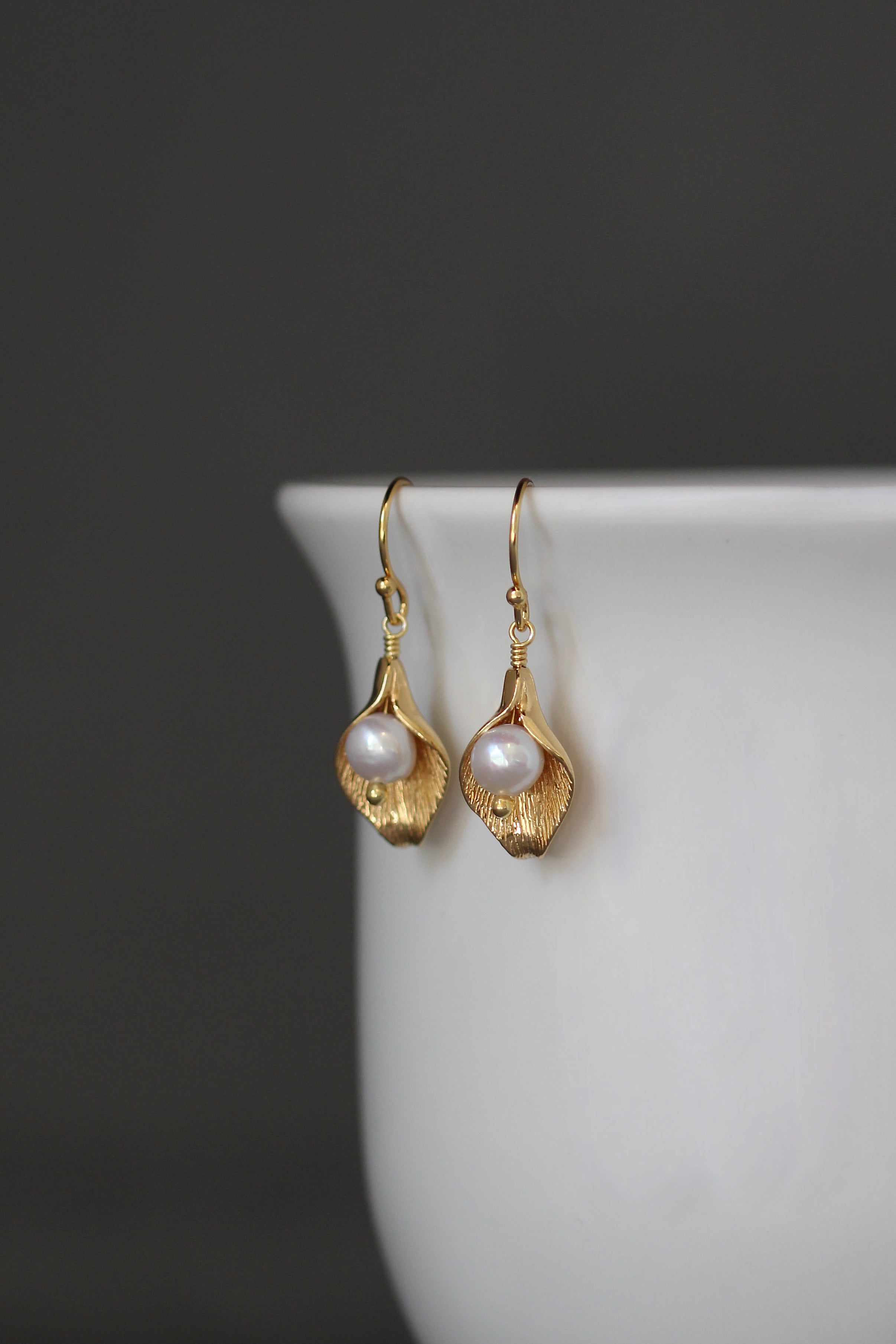White Freshwater Pearl and Gold Calla Lily Earrings