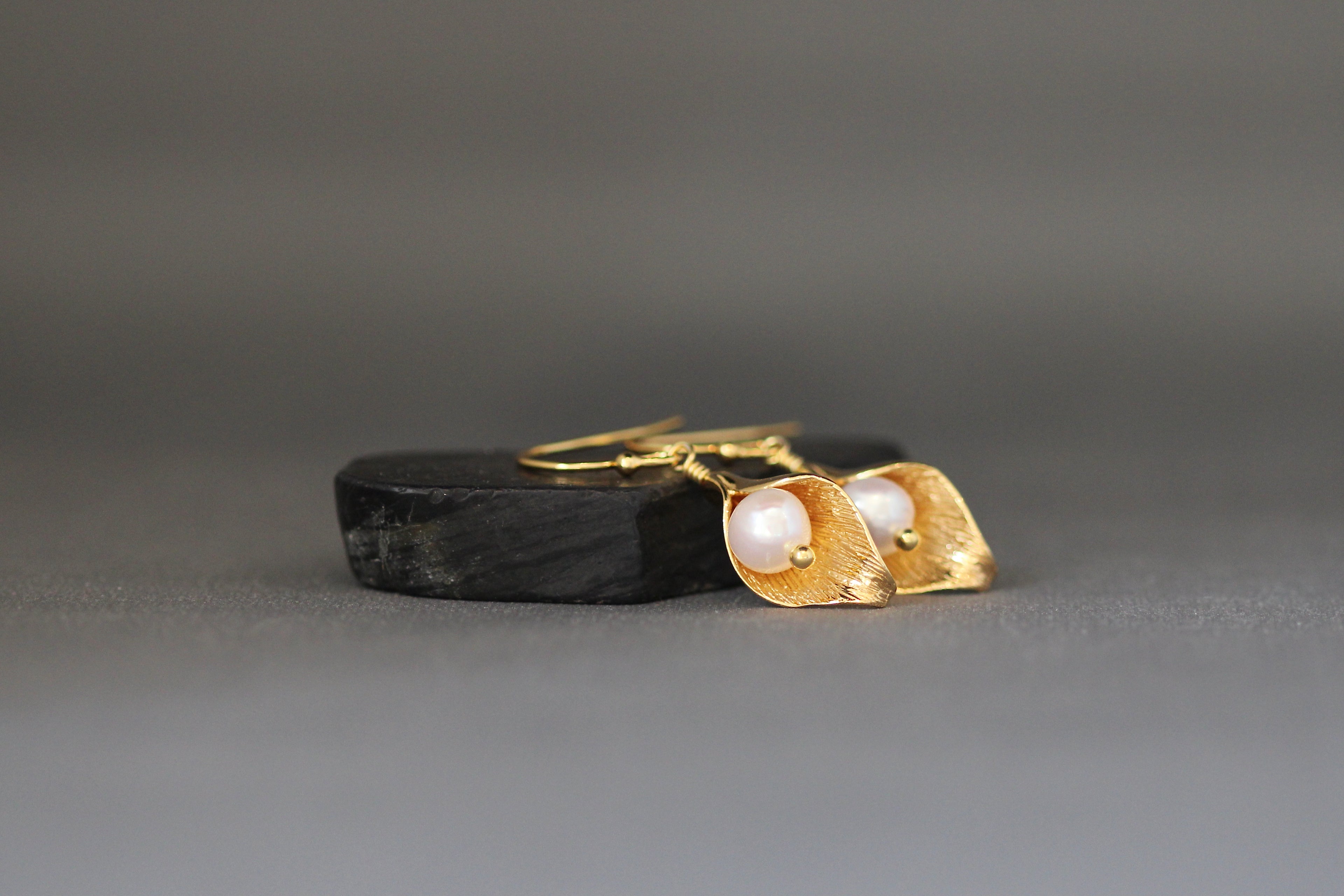 White Freshwater Pearl and Gold Calla Lily Earrings