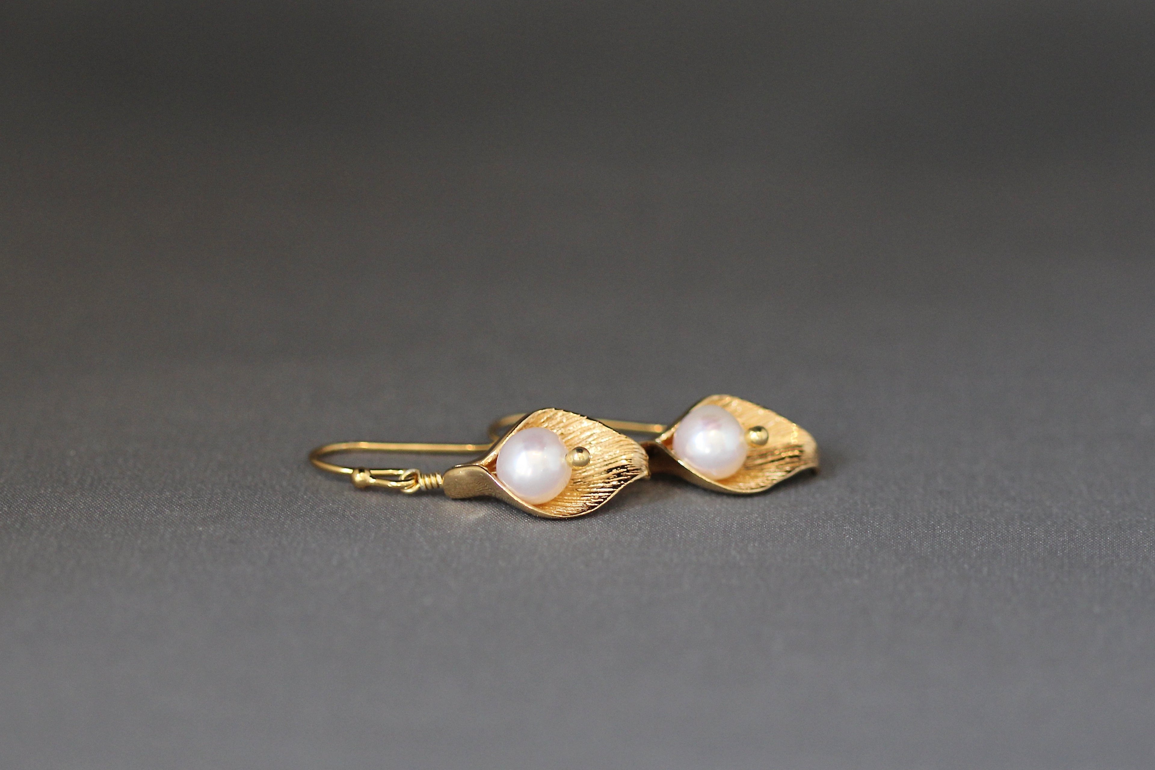 White Freshwater Pearl and Gold Calla Lily Earrings