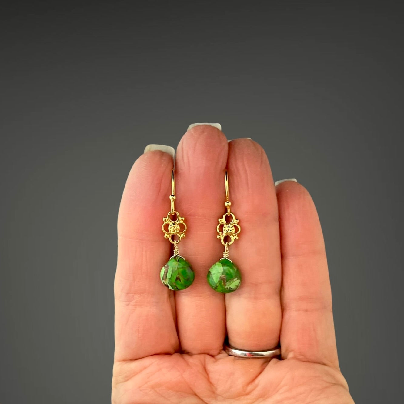 Green Copper Turquoise Teardrop Earrings on Gold Vermeil Links