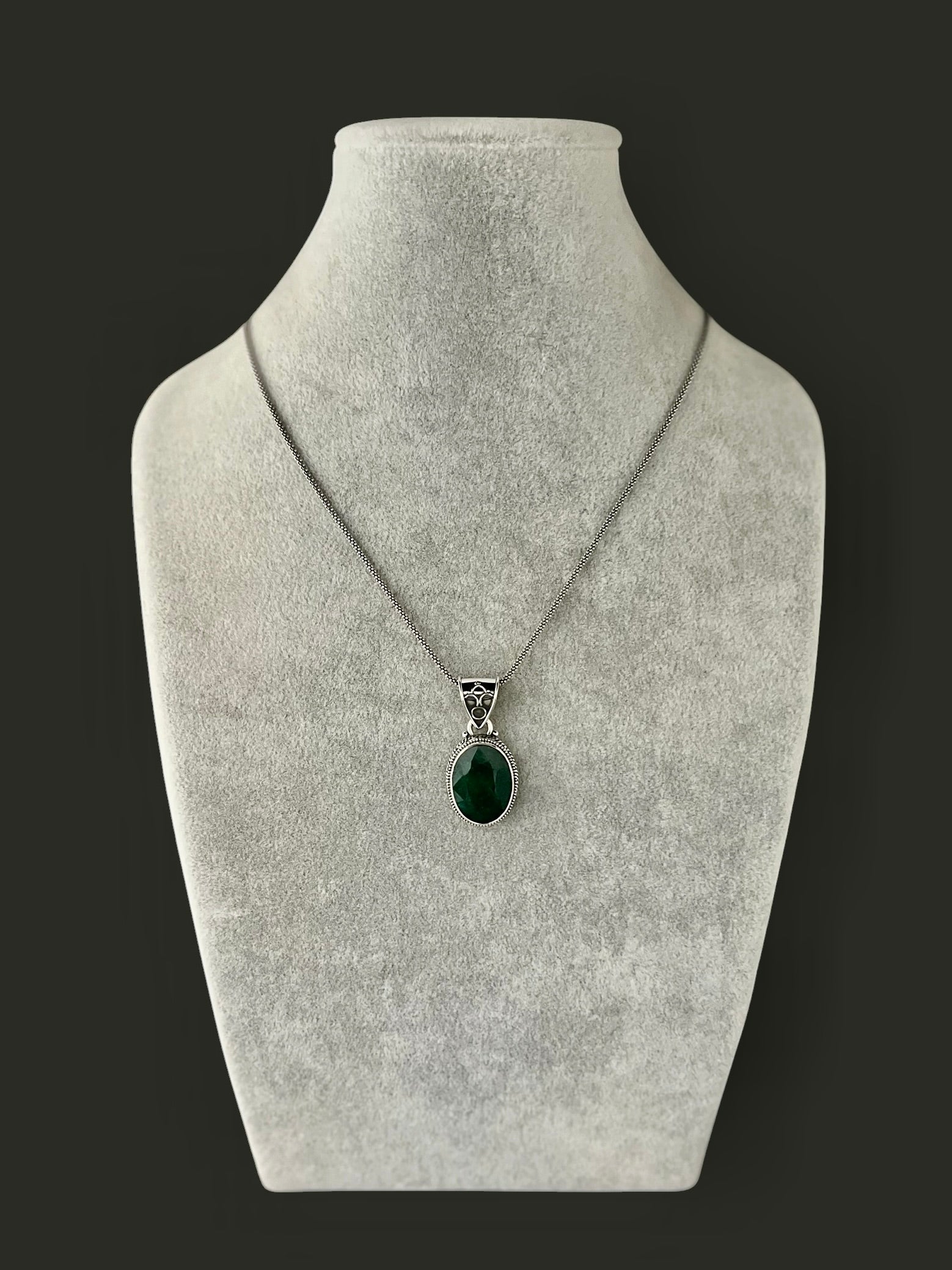 Green Emerald and Bali Silver Pendant Necklace