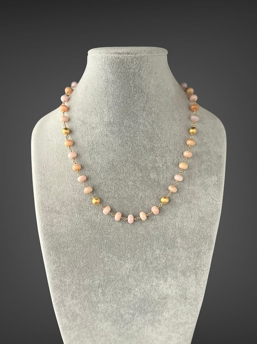 Pink opal bead station necklace on gold filled chain with tiny gold accents
