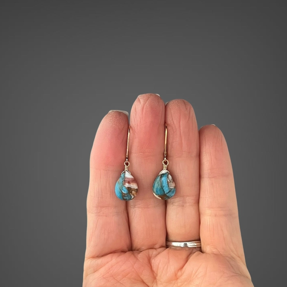Spiny Oyster Kingman Copper Turquoise Earrings on Gold Filled Leverbacks